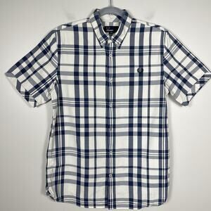 Fred Perry Shirt Men's Medium Blue White Check Plaid Button Down Preppy Classic